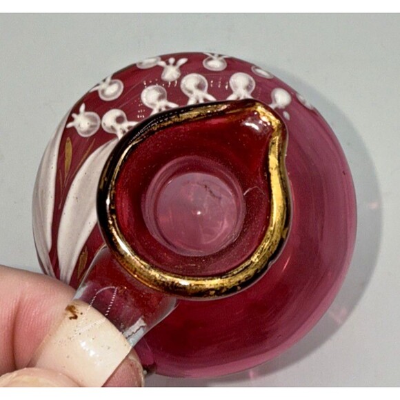 Vintage Victorian Cranberry Glass Jug W/Hand Painted White Flowers Gold Trim 7” - Picture 10 of 16